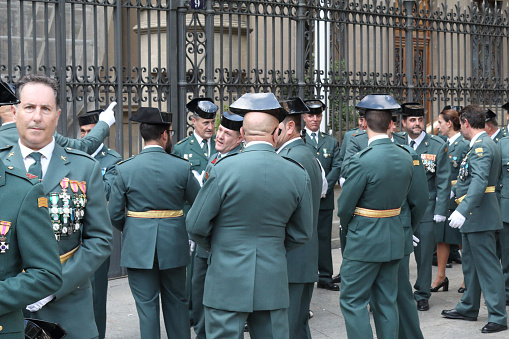 Zaragoza, Spain - October 12, 2018: A gathering of the Spanish Civil Guard (Guardia Civil) in official parade uniform, with the traditional Tricorne, during the Pilar Festival