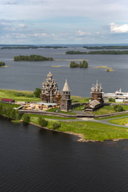 view of kizhi island, the historic site of wooden churches and bell tower-republic of karelia,russia - russia russian culture kizhi island traditional culture imagens e fotografias de stock