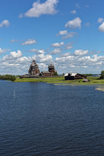 view of kizhi island, the historic site of wooden churches and bell tower-republic of karelia,russia - russia russian culture kizhi island traditional culture imagens e fotografias de stock