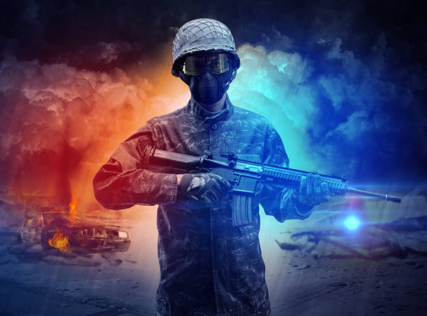 istock Armed soldier standing in the middle of dust storm 1070595352