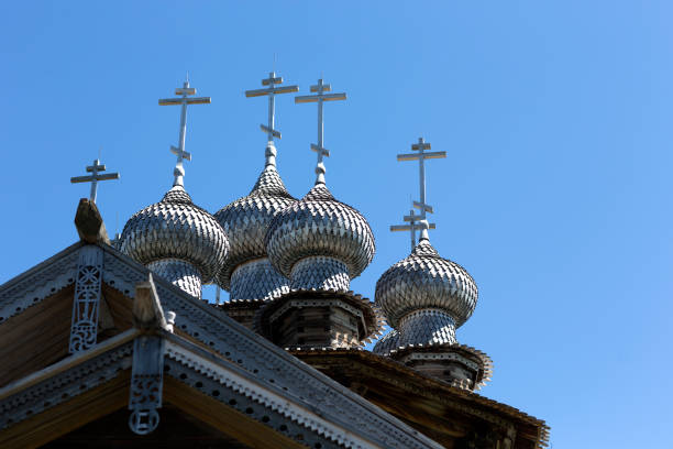 view of kizhi island, the historic site of wooden churches and bell tower-republic of karelia,russia - russia russian culture kizhi island traditional culture imagens e fotografias de stock