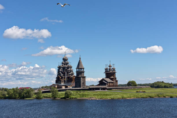 view of kizhi island, the historic site of wooden churches and bell tower-republic of karelia,russia - russia russian culture kizhi island traditional culture imagens e fotografias de stock