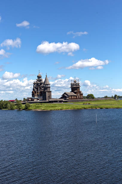 view of kizhi island, the historic site of wooden churches and bell tower-republic of karelia,russia - russia russian culture kizhi island traditional culture imagens e fotografias de stock