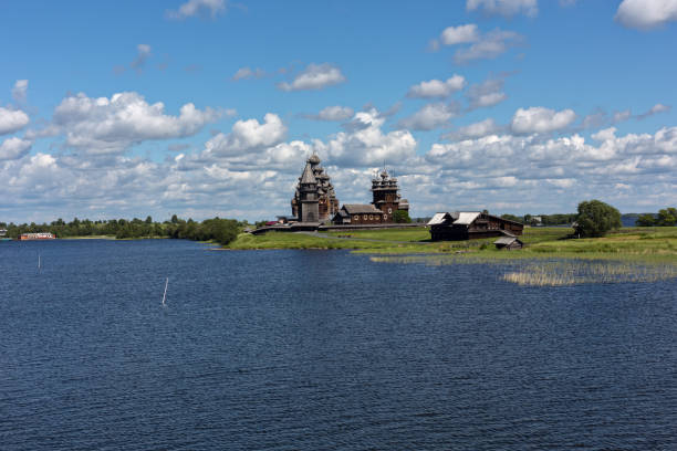 view of kizhi island, the historic site of wooden churches and bell tower-republic of karelia,russia - russia russian culture kizhi island traditional culture imagens e fotografias de stock