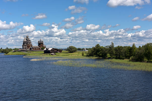 view of kizhi island, the historic site of wooden churches and bell tower-republic of karelia,russia - russia russian culture kizhi island traditional culture imagens e fotografias de stock