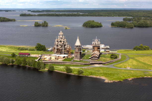 view of kizhi island, the historic site of wooden churches and bell tower-republic of karelia,russia - russia russian culture kizhi island traditional culture imagens e fotografias de stock