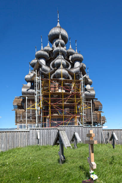 view of kizhi island, the historic site of wooden churches and bell tower-republic of karelia,russia - russia russian culture kizhi island traditional culture imagens e fotografias de stock