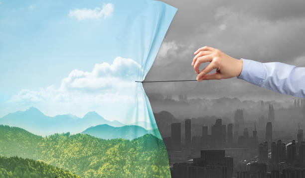 istock hand pulling nature cityscape curtain to gray cityscape 1070603100