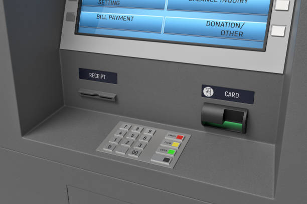 istock 3d rendering of an ATM machine with its screen and button panel in a close view. 1070604434