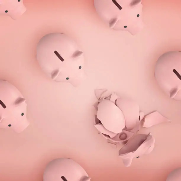 Photo of 3d rendering of several rows of identical pink piggy banks shown from above with one of them broken into shards.