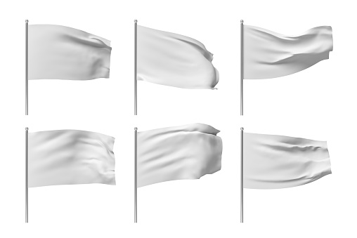 3d rendering of six white flags hanging on posts and wavering on a white background.