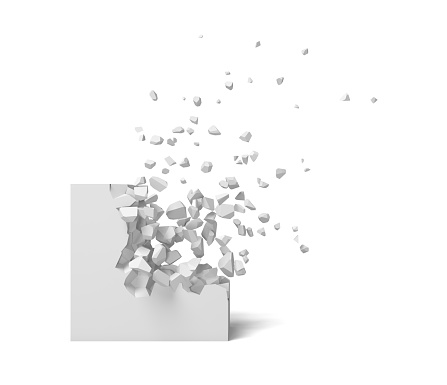 3d rendering of a white square on a white background starting to get destroyed piece by piece. Destruction and deterioration. Falling out. Debris.