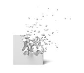 3d rendering of a white square on a white background starting to get destroyed piece by piece.