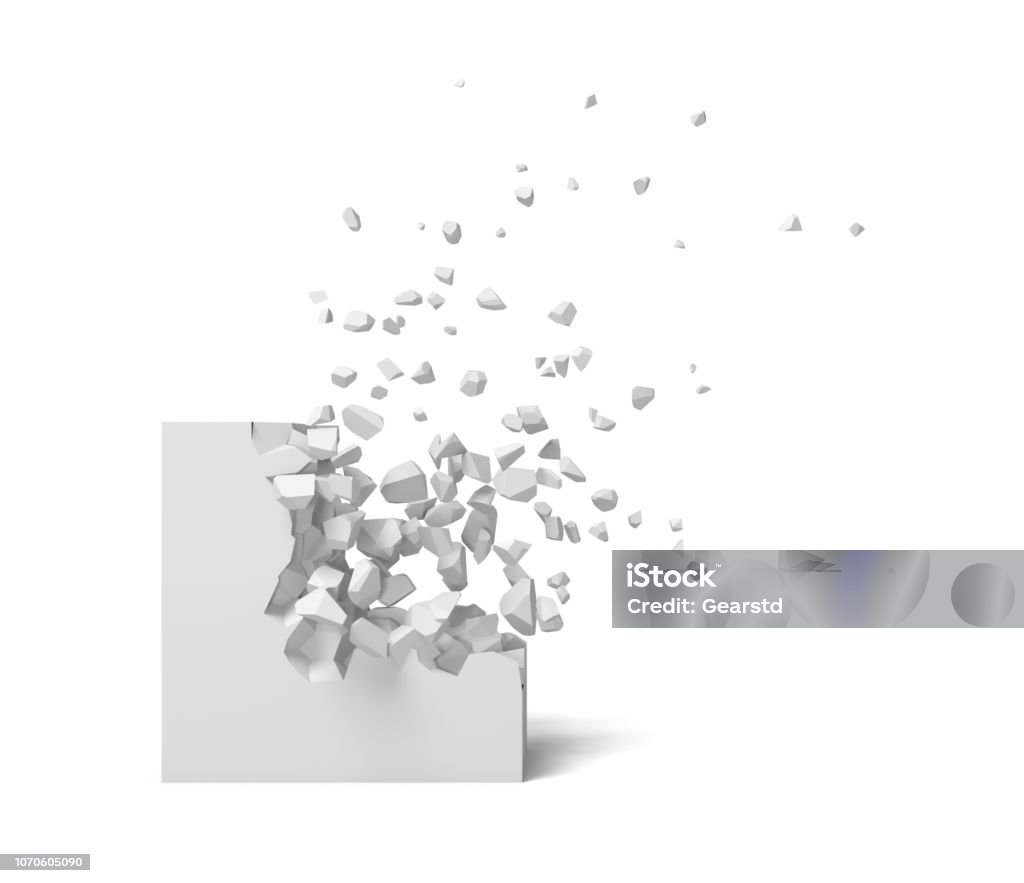 renderização 3D de um quadrado branco sobre um fundo branco, começando a ser destruída pedaço por pedaço. - Foto de stock de Pedra - Rocha royalty-free