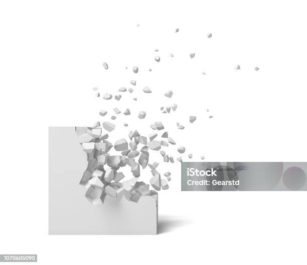 Foto de Renderização 3d De Um Quadrado Branco Sobre Um Fundo Branco Começando A Ser Destruída Pedaço Por Pedaço e mais fotos de stock de Pedra - Rocha