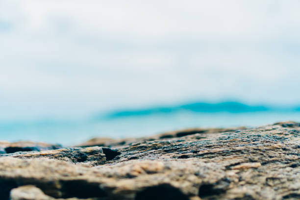 Selective focus od black stone texture for put product to show with beach in background.