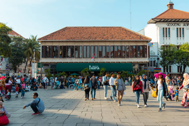Jakarta, Indonesia - October 7, 2018: Crowd of people in front of Cafe Batavia. Kota Tua, Jakarta, Indonesia.