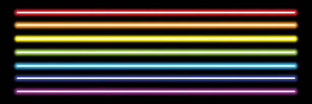 Vector illustration of horizontal rainbow neon tube lights on black,vector illustration