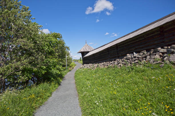 republic of karelia, russia, june 17, 2013 : view of kizhi island, the historic site of wooden churches and bell tower - russia russian culture kizhi island traditional culture imagens e fotografias de stock