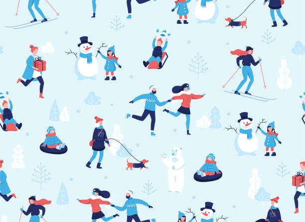 ilustrações de stock, clip art, desenhos animados e ícones de winter sports outdoors seamless pattern. people having fun and winter activities in the park, skiing, skating, snowboarding, walking the dog, making a cute snowman, cartoon characters in flat design - celebratory holiday illustrations