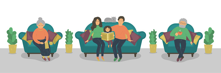Family life. Mother, father and daughter reading books on sofa, grandmother knitting and grandfather drink a cup of tea.
