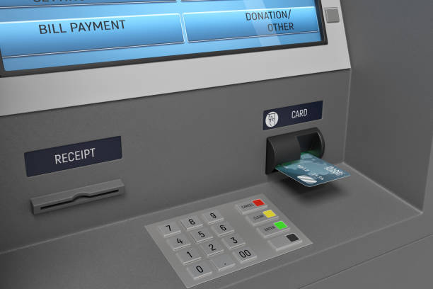 istock 3d rendering of an ATM machine with its screen and button panel in a close view. 1070625348