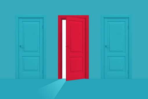 3d rendering of red semi-opened door stands between two closed blue ones on a blue background. Standing out from normal. Risky way. Way to unusual future.