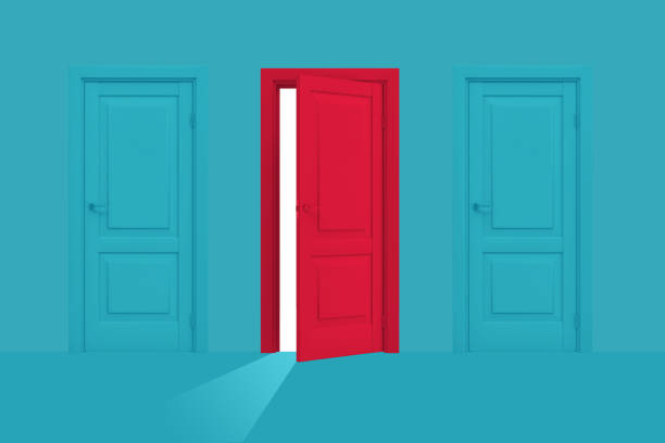renderowanie 3d czerwonych półotwartych drzwi stoi między dwoma zamkniętymi niebieskimi na niebieskim tle. - version 3 zdjęcia i obrazy z banku zdjęć
