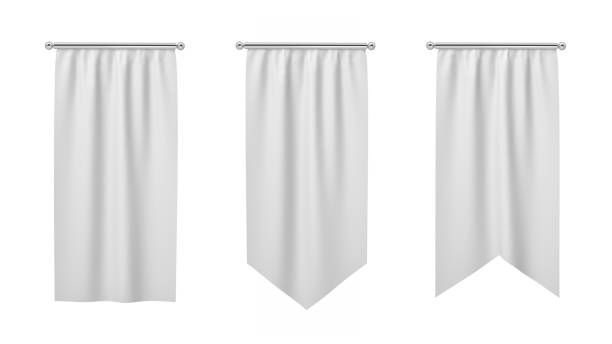 3d визуализация трех прямоугольных белых флагов, висящих вертикально на белом фоне. - вертикальный стоковые фото и изображения