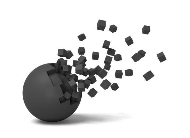 istock 3d rendering of an isolated black round ball getting deteriorated with small pieces flying up. 1070626552