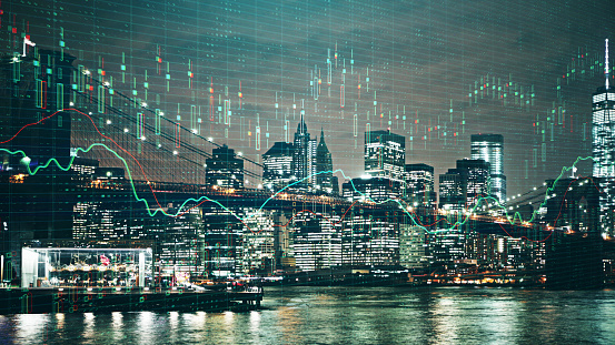 Illuminated New York night city background with upward forex chart. Trade and investment concept. Double exposure