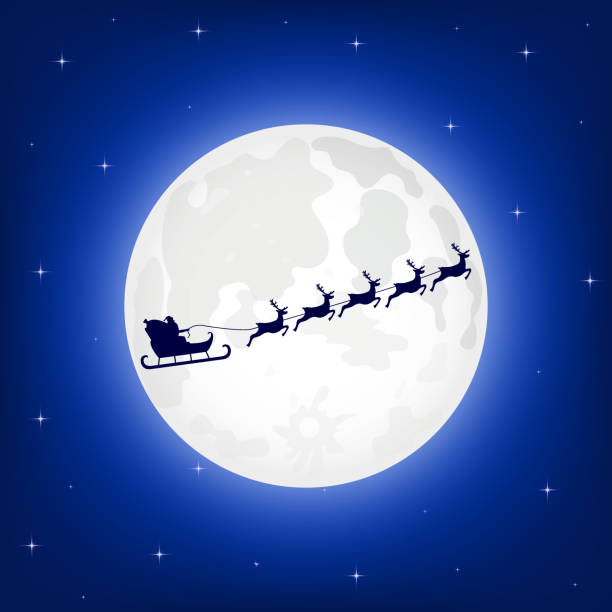 ilustraciones, imágenes clip art, dibujos animados e iconos de stock de santa claus está volando en un trineo en el norte ciervos de la navidad - santa bag