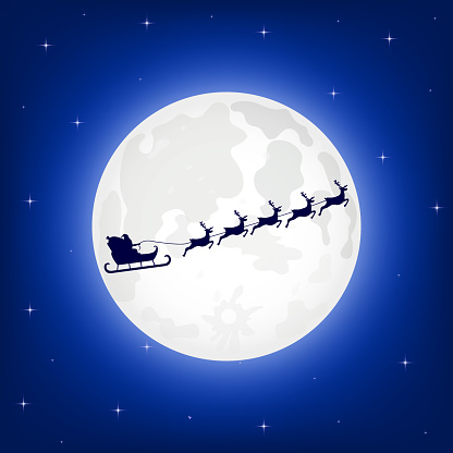 Santa Claus is flying in a sleigh on the northern Christmas deer on the background of the moon at night