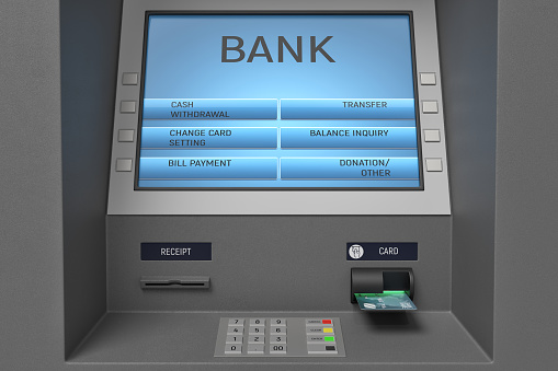 3d rendering of an ATM machine with its screen and button panel in a close view. Money and cash. Withdrawing your salary. Getting money from bank.