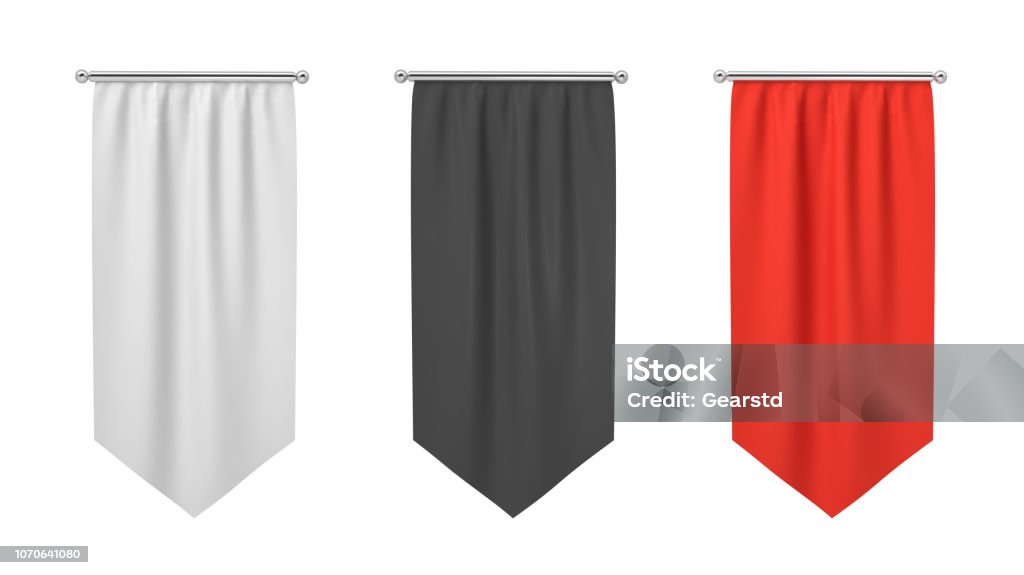 Render 3D de tres Banderas negras, blancas y rojo rectangulares colgando verticalmente sobre un fondo blanco. - Foto de stock de Pancarta libre de derechos