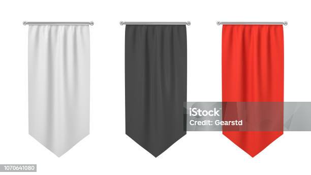 Photo libre de droit de Rendu 3d De Trois Drapeaux Rectangulaires Noirs Blancs Et Rouges Accroché Verticalement Sur Un Fond Blanc banque d'images et plus d'images libres de droit de Banderole - Signalisation