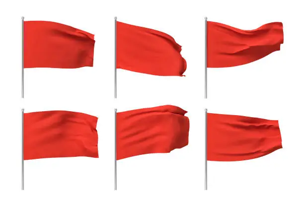 Photo of 3d rendering of six red flags hanging on posts and wavering on a white background.