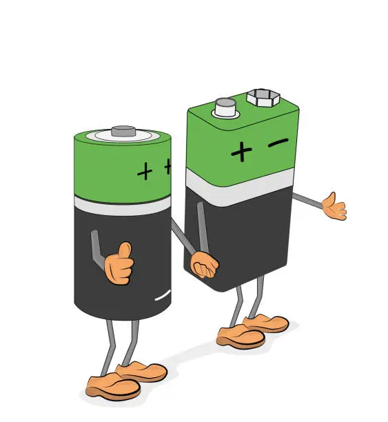 Vector illustration of batteries of a different type in the form of little men. stand hand in hand. vector illustration.