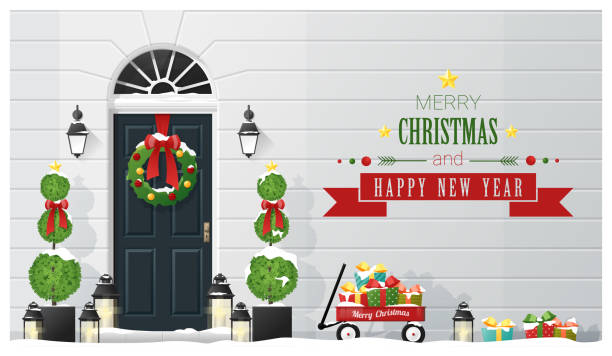 frohe weihnachten und happy new year hintergrund mit dekorierten weihnachten vor der tür, vektor, abbildung - weihnachtsdeko hauseingang stock-grafiken, -clipart, -cartoons und -symbole