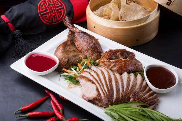 Peking duck chinese dish Peking duck chinese dish served on a white plate hoisin sauce stock pictures, royalty-free photos & images