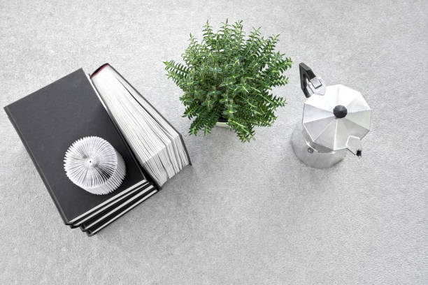 Top view of books, houseplant and moka pot old fashioned coffee maker. stock photo