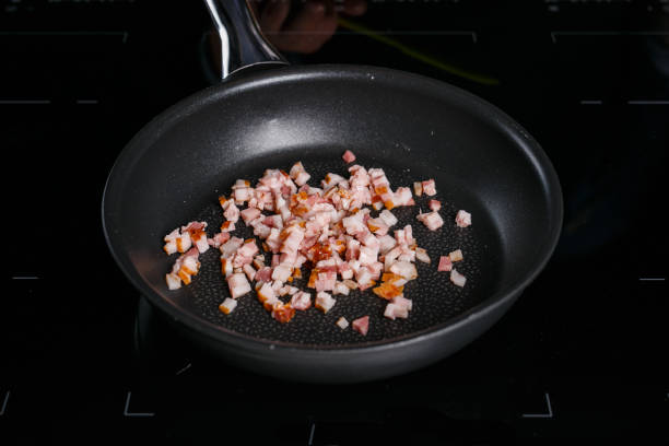 istock Bacon in a frying pan on a black stove 1070674890
