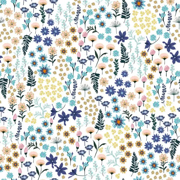 Vector illustration of Sweet pastel small liberty many kind of Wild flowers pattern. Hand drawn meadow Floral Seamless vector design for fashion,fabric wallpaper