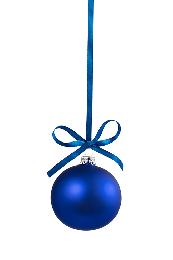 Blue christmas ball hanging on ribbon with bow, isolated on white.
