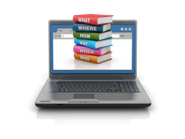 ordinateur portable avec le navigateur web et livres de question - rendu 3d - faq connection computer keyboard learning photos et images de collection