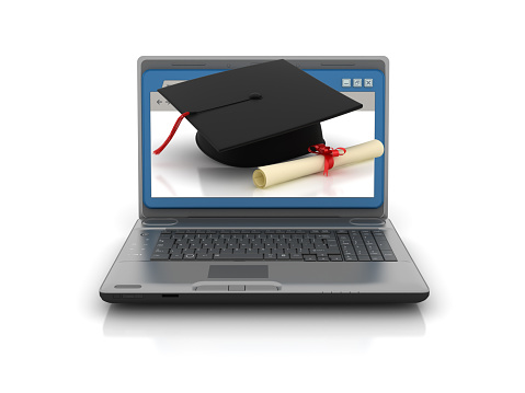 Computer Laptop with Web Browser and Graduation Cap - White Background - 3D Rendering