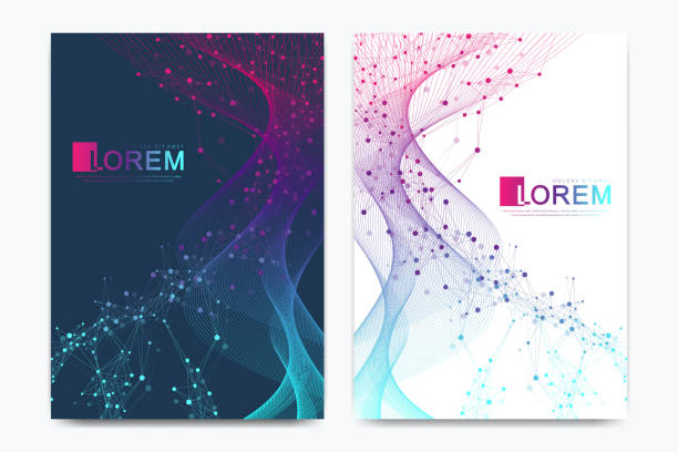 Modern vector template for brochure, leaflet, flyer, cover, banner, catalog, magazine, or annual report in A4 size. DNA helix, DNA strand, molecule or atom, neurons. Wave flow. Lines plexus Modern vector template for brochure leaflet flyer cover banner catalog magazine or annual report in A4 size. DNA helix, DNA strand, molecule or atom, neurons. Wave flow. Lines plexus. digital ads mockups stock illustrations