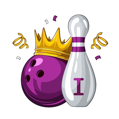 Vector illustration of bowling skittle and violet bowling ball in golden crown, isolated on white background. Bowling award for 1st place. Champion 1.1