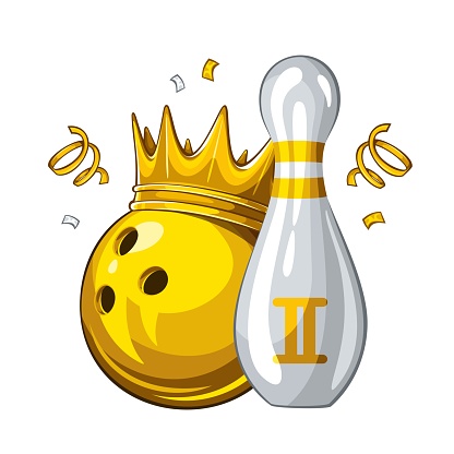 Vector illustration of bowling skittle and yellow bowling ball in golden crown, isolated on white background. Bowling award for 2st place. Champion 1.1