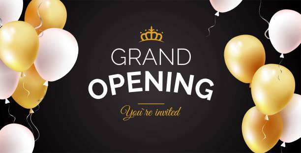 ilustrações de stock, clip art, desenhos animados e ícones de grand opening black banner with golden and white balloons. - beginnings business new business ribbon